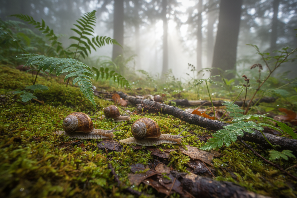 lumache in un bosco umido