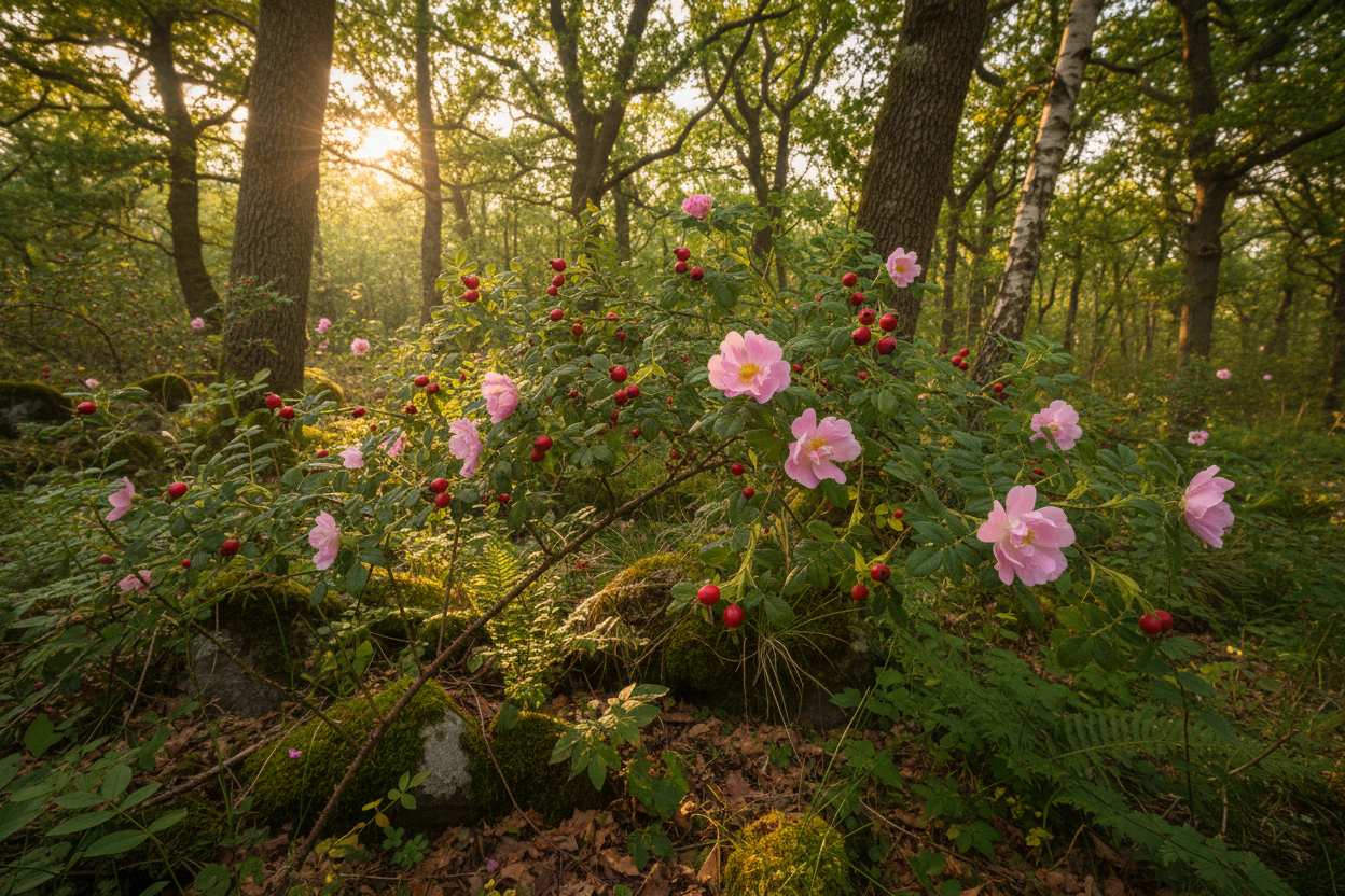 pianta rosa canina nel bosco