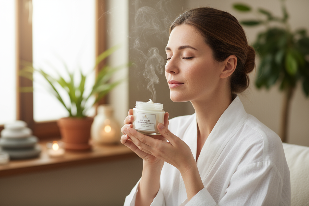 signora che respira una crema balsamica per liberare le vie respiratorie